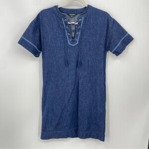 Lauren Ralph Lauren blue lace up denim dress Sz 2P petite embroidered tassels